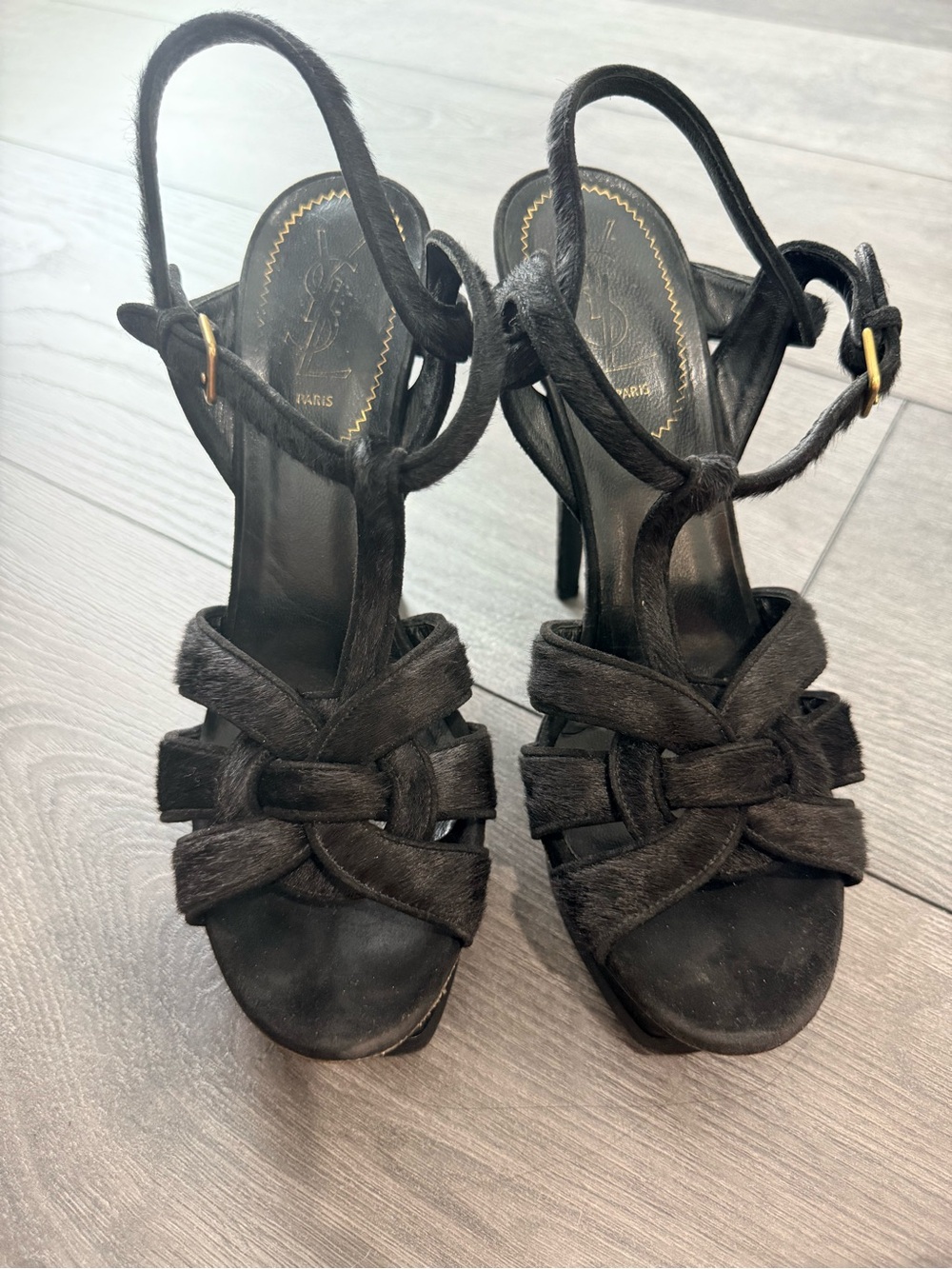 YSL Saint Laurent Tribute Platform Sandal Black Pony Calf Hair EU 39.5 Vintage